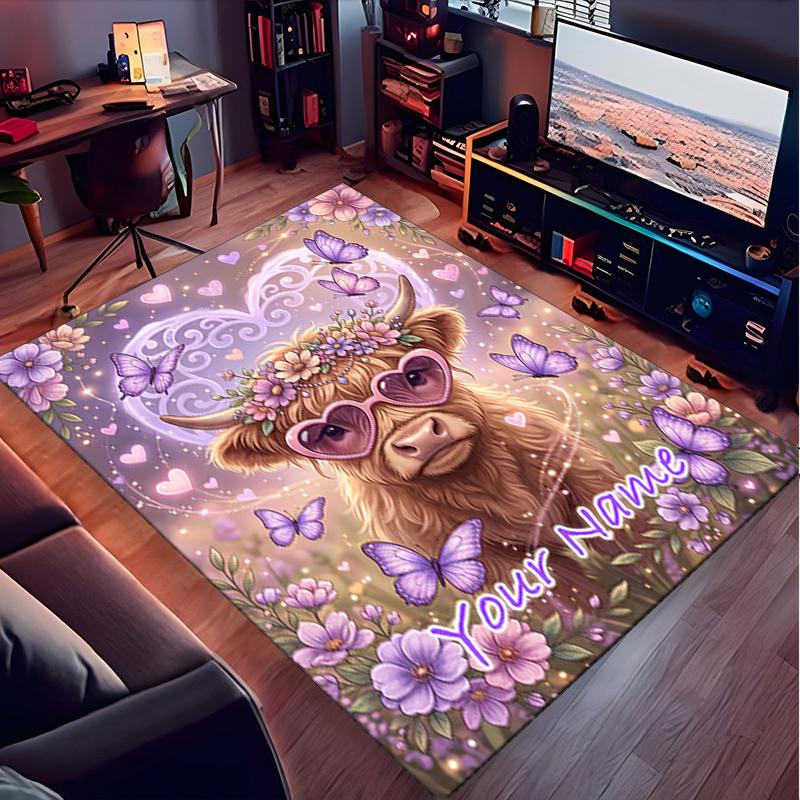 1PC Custom Name Heart, Cow, Flowers, Butterflies Theme Floor Mat Ideal for Living Room, Game Rooms, Office, Bedroom,Floor Mat Playful Design