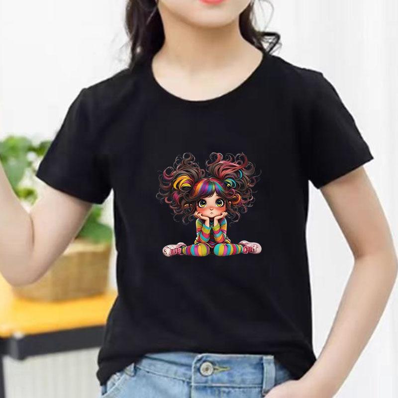 Kids Cotton T Shirt Charming Rainbow Hair Girl Sitting Print Crew Neck Short Sleeve Tee Casual Boys Girls Summer Tops