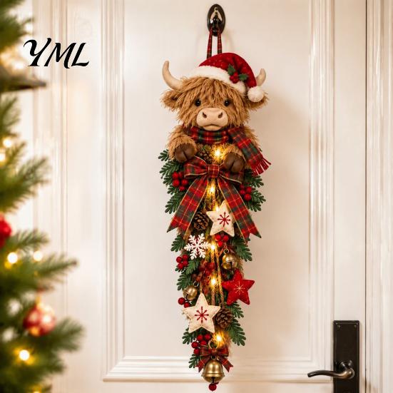 Traditional Red Green Holiday Ornament Lighted Highland Cow Christmas Door Swag, LED Hanging Decor with Plaid Ribbon Vertical Wreath And Berries,