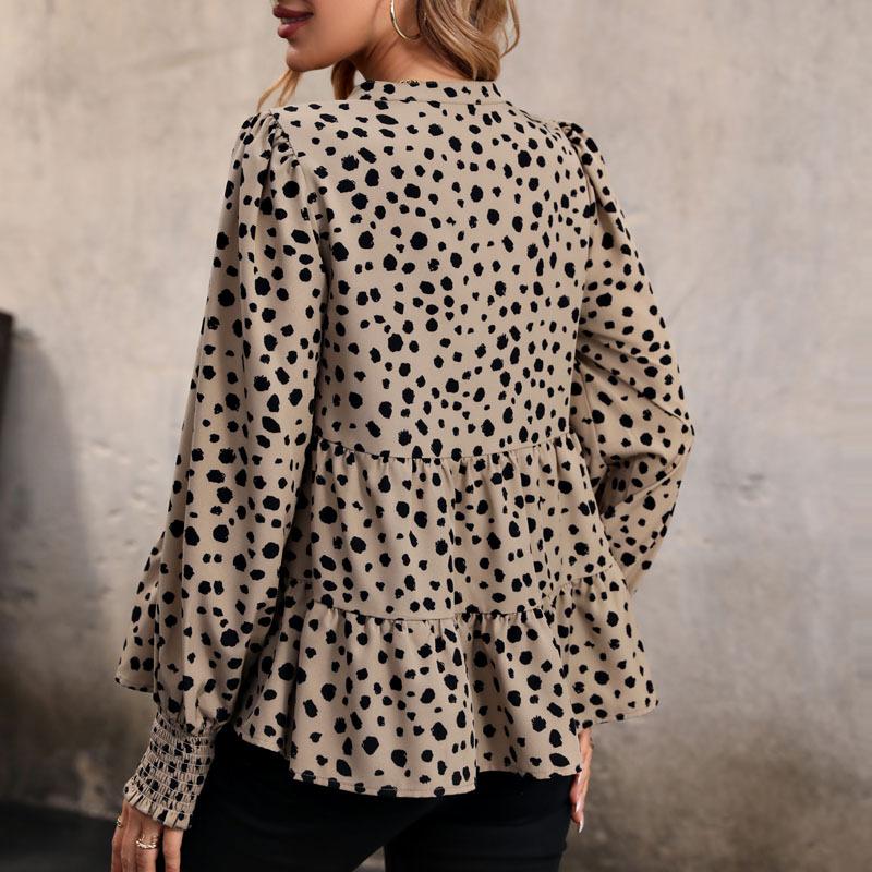 Women Fashion Long Sleeve V Neck Ruffles Leopard Printed Pullover Shirt Blouse Top