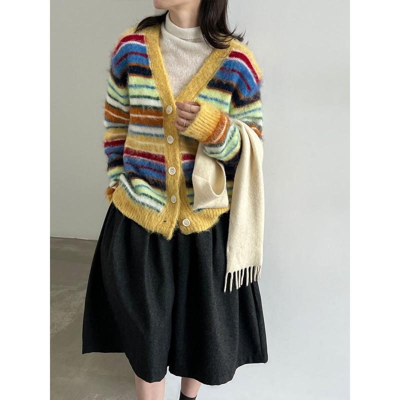 LUXI Korean Ins Vintage Rainbow Striped Cardigan Wool Blend Knit Sweater SS1152