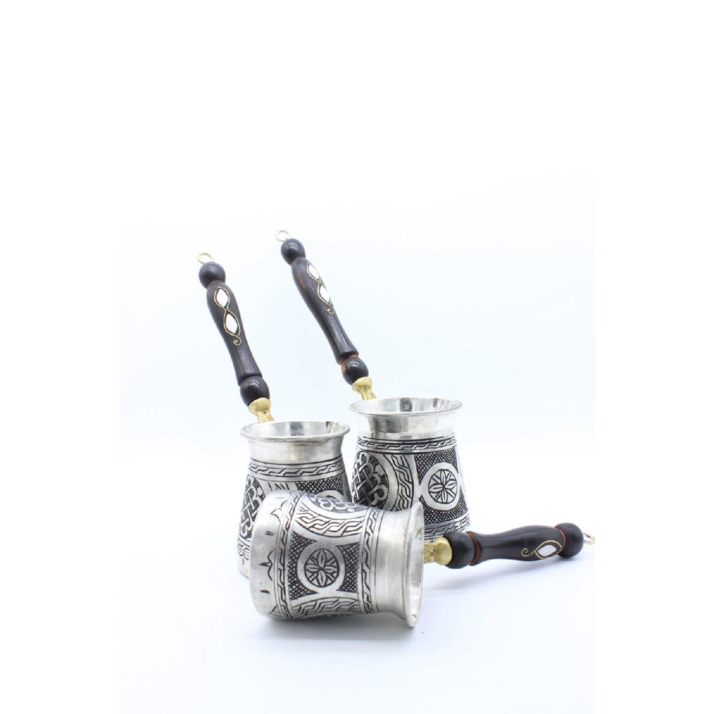 Gaziantep Handmade Ethnic Patterned Copper Coffee Pot Antique Silver Color 3 Piece Coffee Pot Set