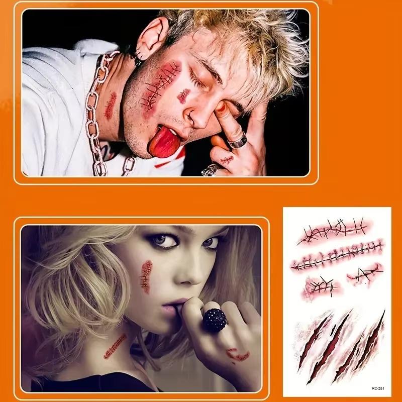 1/11pc 1D Fake Scar Tattoos Sticker Halloween Scab Bloody Makeup Body Face Realistic Wound Scary Sticker Prank Props Party Deco