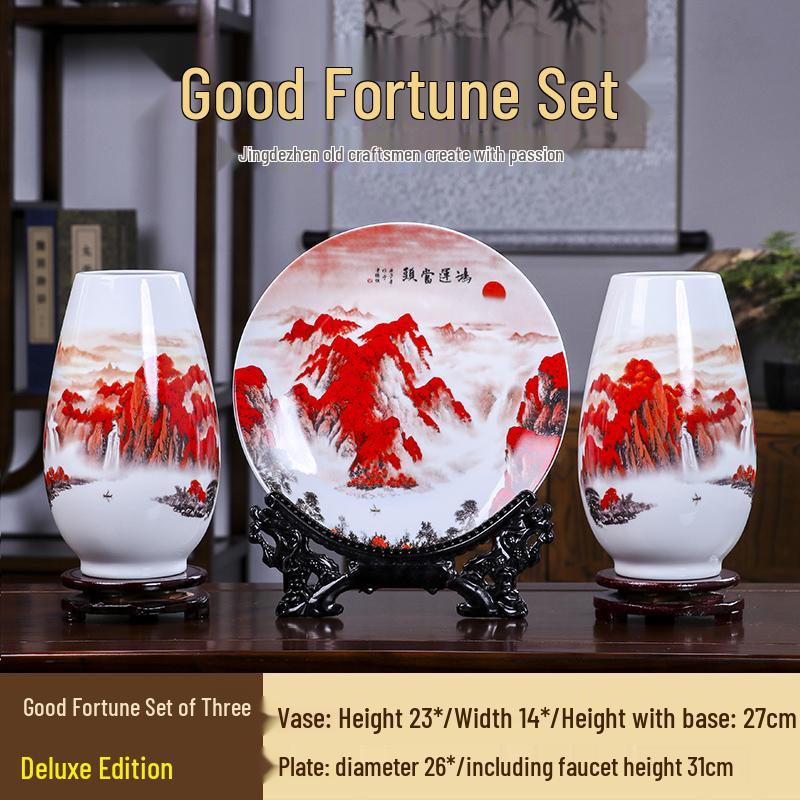 Good Fortune Jingdezhen Ceramic Vase Set: 3-Piece Décor for Living Room, Curio Shelf, or TV Cabinet