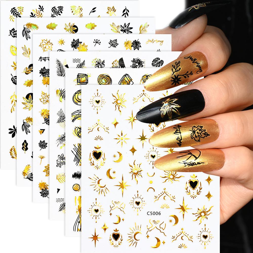 Laser Gold Maple Leaf Abstract Line Self-Adhesive Nail Sticker 3D Bronzing Simple Sweet And Cool Nail Sticker