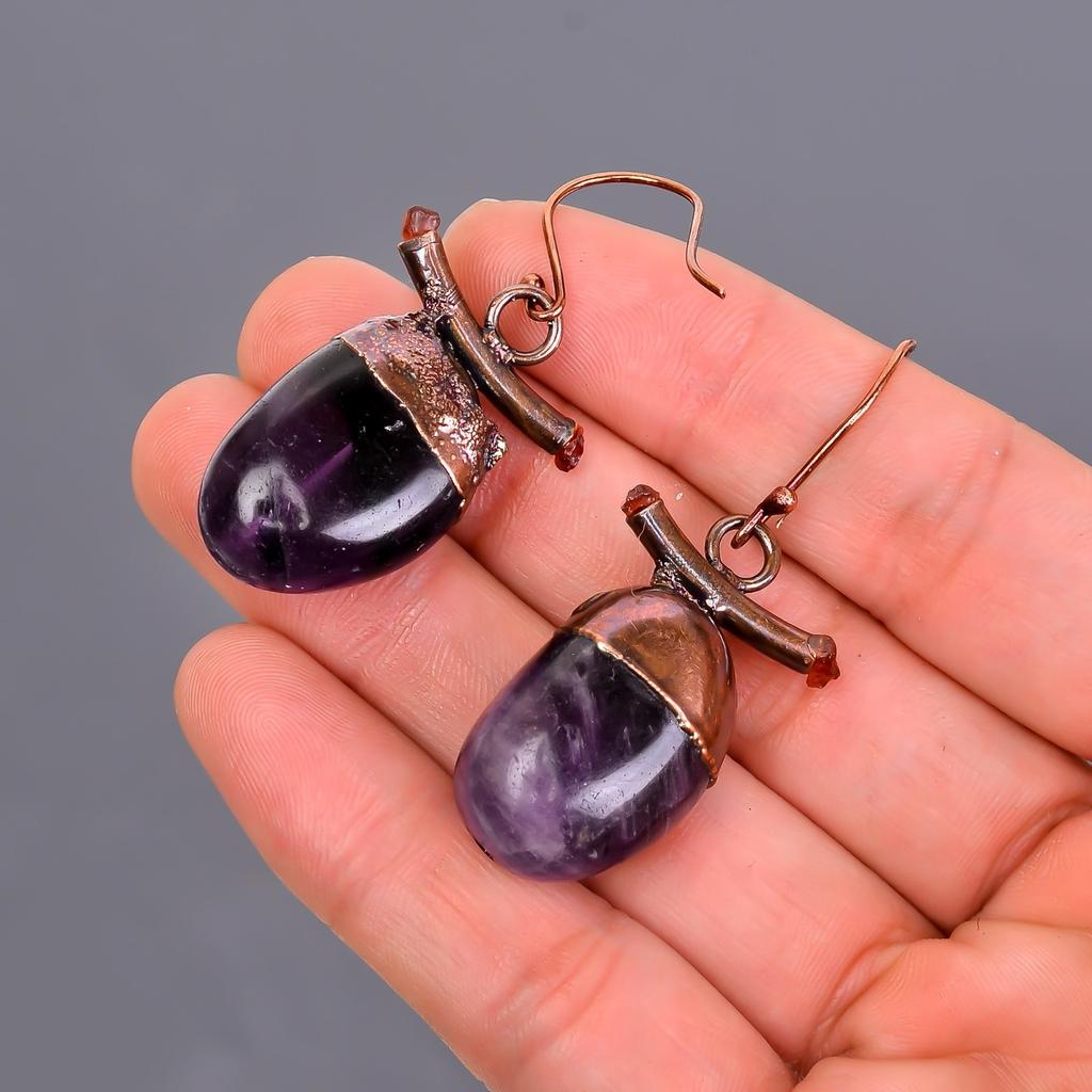 Натуральный Аметист Медь Элегантные Февральские Подвесные Серьги-Капли Электроформованные Крючки V-107