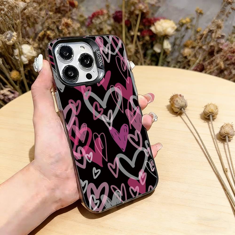 Милый розовый чехол-сердечко для iPhone 17,16,15,14,13,12,11 Plus,Pro Max,XS,Разноцветная серебристая черная крышка