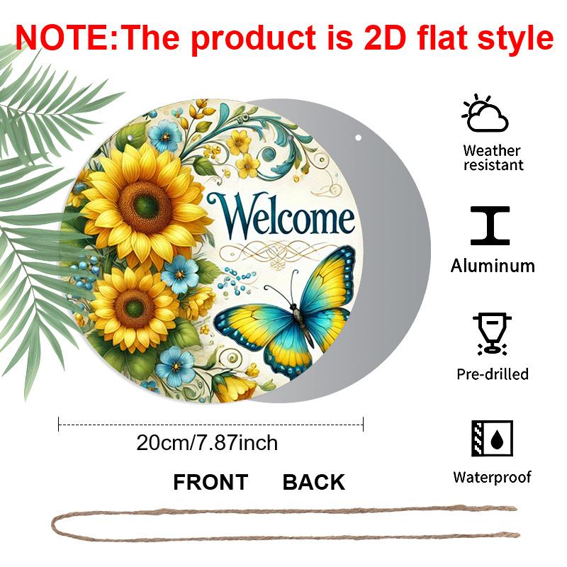 2D Flat 1pc, 8x8 in Vintage Sunflower & Butterfly Round Aluminum Metal Sign – Rustic Welcome Design for Home, Garden, Cafe, and Farmhouse Decor