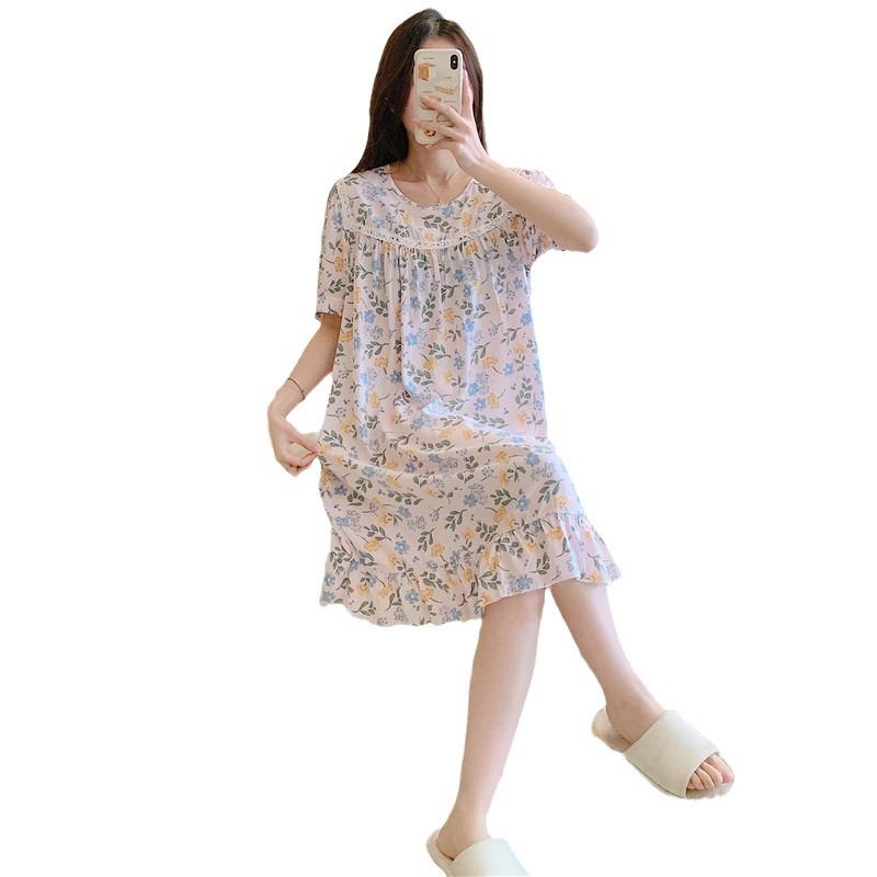 1011 new pajamas women's cotton and silk round neck loungewear thin fashion home artificial cotton and silk nightgown can be worn outside