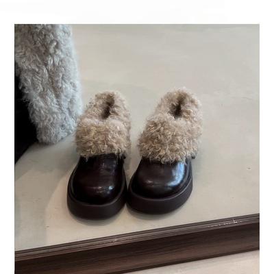 Женские ботинки-дутики в британском стиле с волосатым голенищем, ветрозащитные, теплые, на толстой подошве, увеличивающие рост, нескользящие, для активного отдыха на открытом воздухе, кожаные, хлопковые