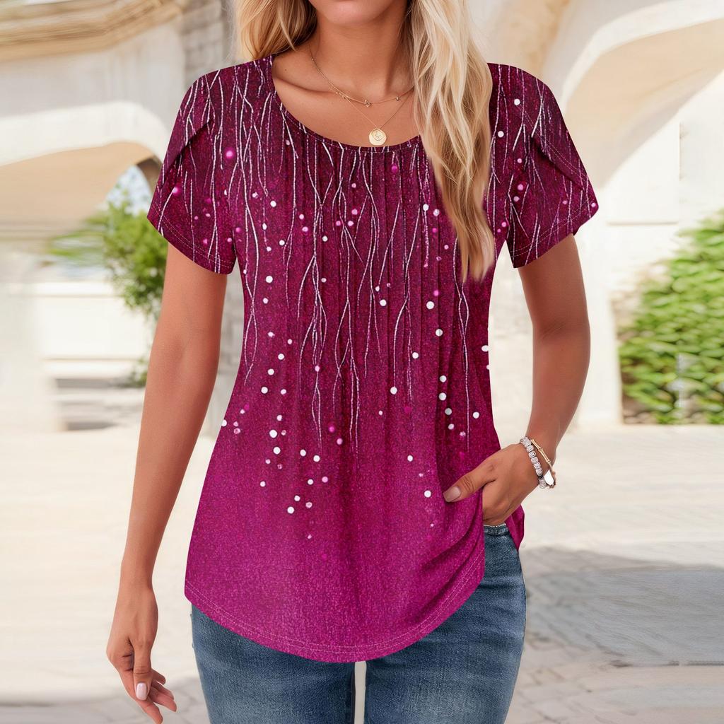 Womens Tops Petal Short Sleeve Summer Round Neck Shirts Floral Printing Blouses For Women Dressy Casual