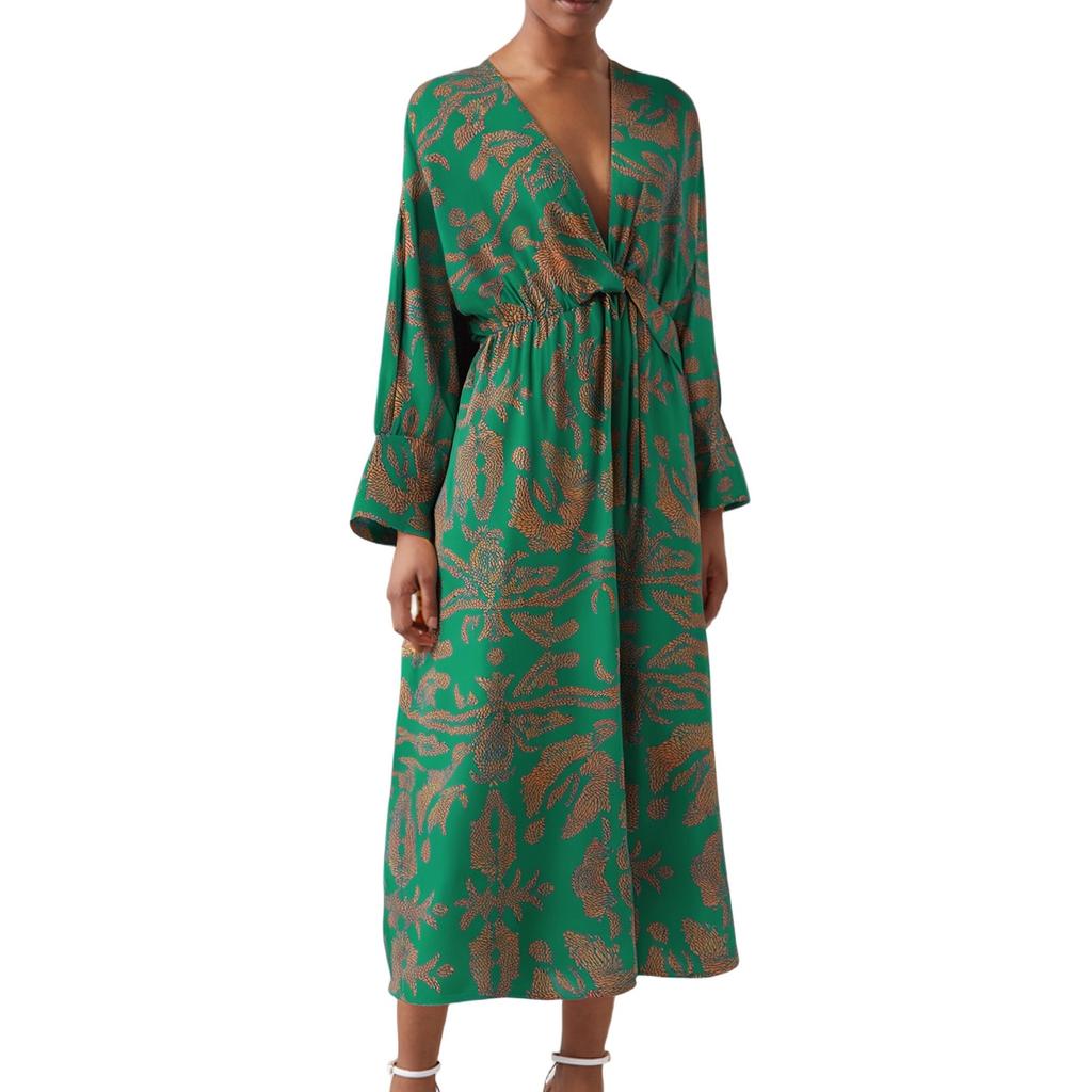 Ladies' Loose Comfortable Fashionable Casual Floral Print Long Sleeved Long Dress V-neck Dress
