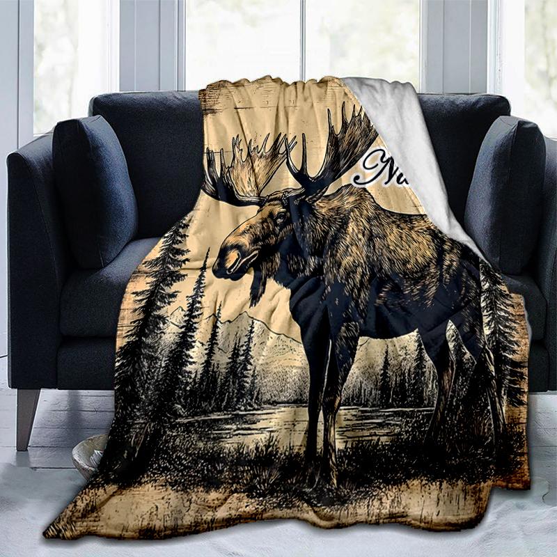 1PC Custom Name Moose Wilderness outdooor Flannel blankets Throw Blanket All-Season Throw Gift Bedspread for Couch, Bed, Camping Holiday Birthday gift