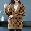Fall/Winter Women's Plus Size Knit Cardigan Sweater V-Neck Loose Knit Jacket Printed Single-breasted Knit Top