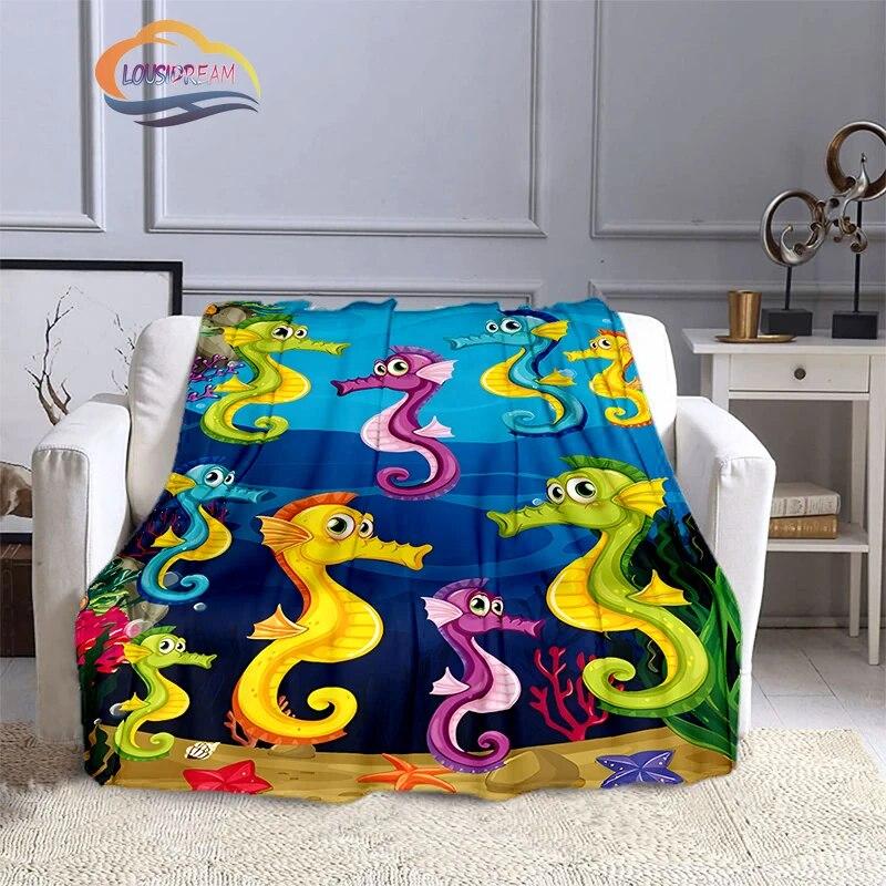 Marine Animal Sea Horse Blankets Super Soft Hippocampus Flannel Blanket Warm Lightweight Kids Bedding Sofa Chairs All Seasons