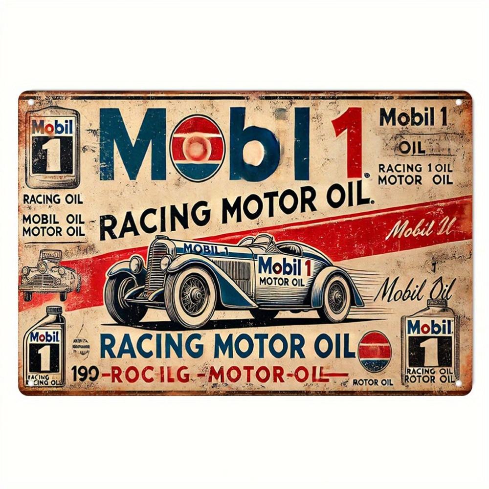 2D Плоская, Винтажная Металлическая Жестяная Табличка Моторное Масло Mobil 1 Racing - Настенное Искусство из Ржавого Железа с Дизайном Классического Автомобиля, Ретро Декор в Красном и Белом Цвете