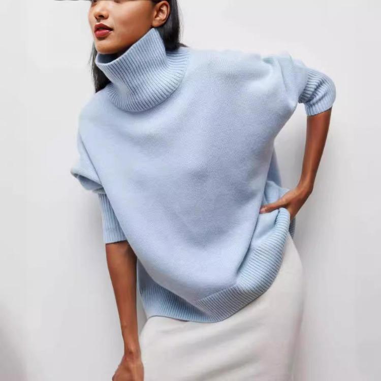 Свободный вязаный свитер женский однотонный с длинным рукавом пуловер с полувысоким воротником топы осенне-зимняя мода