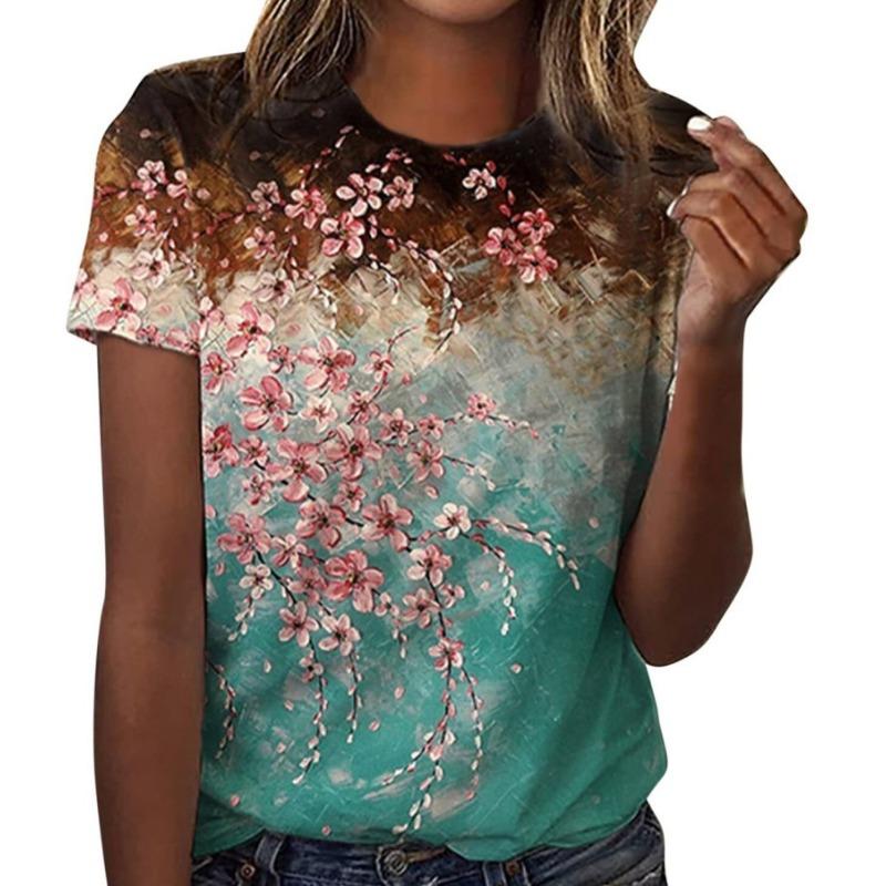 Casual Floral 3D Printed Short Sleeved Round Neck T-shirt