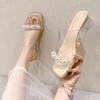 Большие прозрачные босоножки женские на высоком каблуке 2024 года, новый средний каблук, модная универсальная верхняя одежда на толстом каблуке, со стразами, классные тапочки
