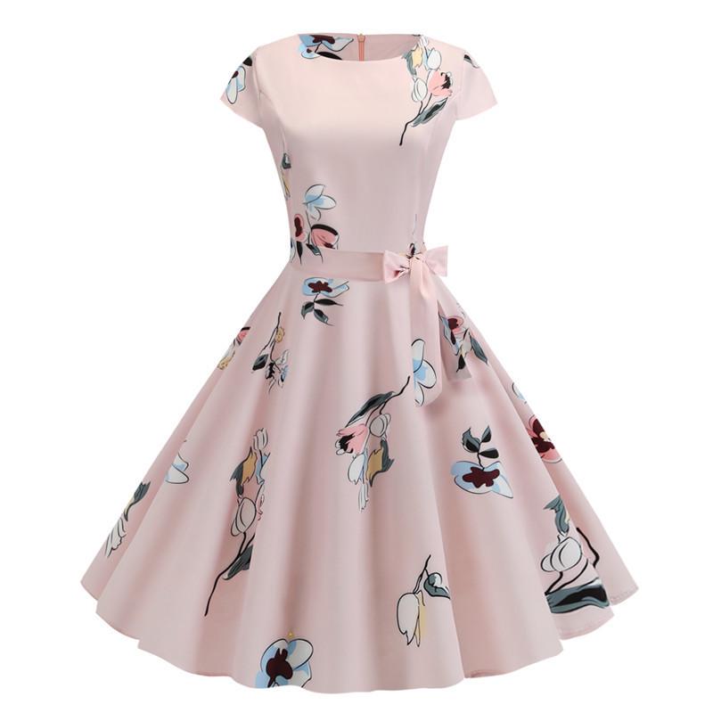 2024 Trendy Retro Round Neck Summer Dress with Short Sleeves and Flowy Print