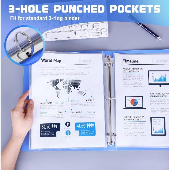 Antner 10 Pack Letter Size Binder Pockets 3 Ring Binder Zipper Pouch, 3-Hole Waterproof Resealable Zip Loose Leaf ert Bags PVC Document Organizer