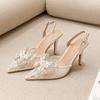 Fashion Luxury Pointed Toe Rhinestone Butterfly-Knot High Heels Sandals Sexy Mesh Buckle Strap Slingback Wedding Bridal Shoes Women