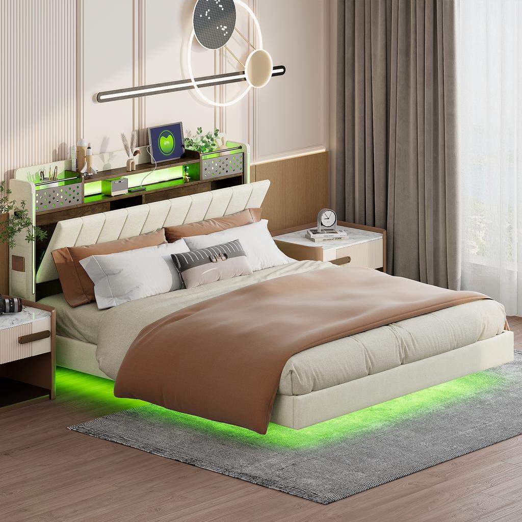 Upholstered Bed 160*200 with LED Lighting and USB Socket, Headboard with Storage Space, Floating Bed Youth Bed Adult Bed, Linen Fabric, Beige