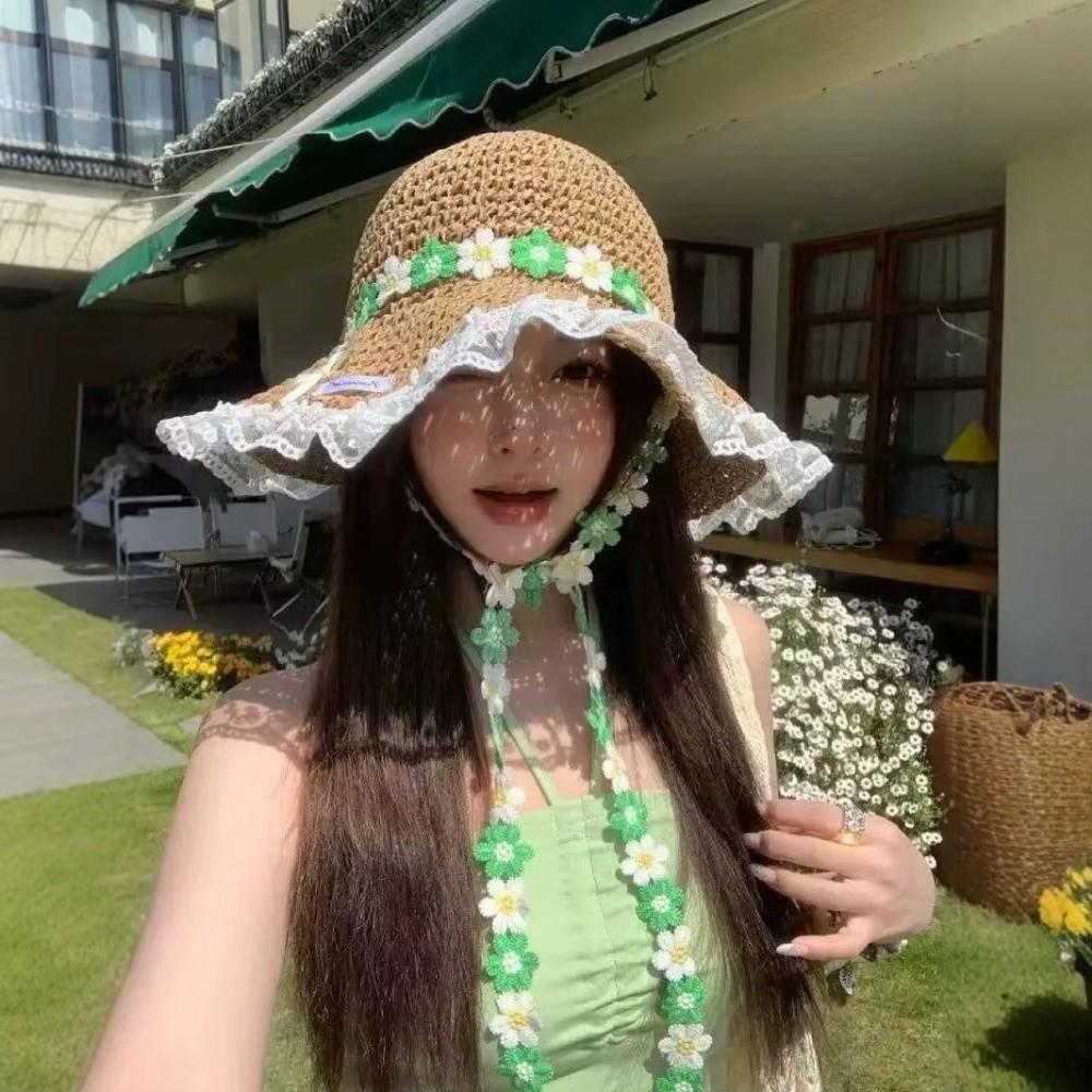 Breathable Flower Straw Hat Lace Trim Beach Hat Women Visor Bucket Hat Seaside Vacation