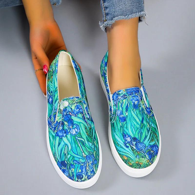 Женские мокасины Graffiti Flat Shoes Женские летние вулканизированные туфли Повседневные прогулочные туфли Мокасины из парусины без застежек для женщин