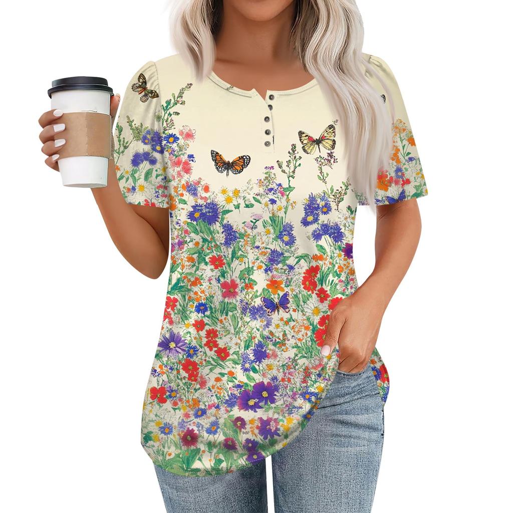 Women's Fashionable Casual Short Sleeve Button Floral Print Round Neck Pullover Top