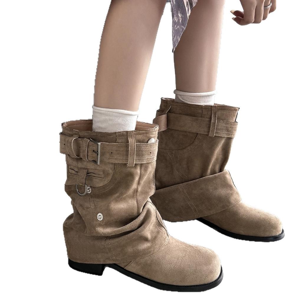 British Style Short Boots Slim Women'S Autumn New Thick Heel Round Head Strap Pants Tube Boots Locomotive Boots Pleated Pile Boots
