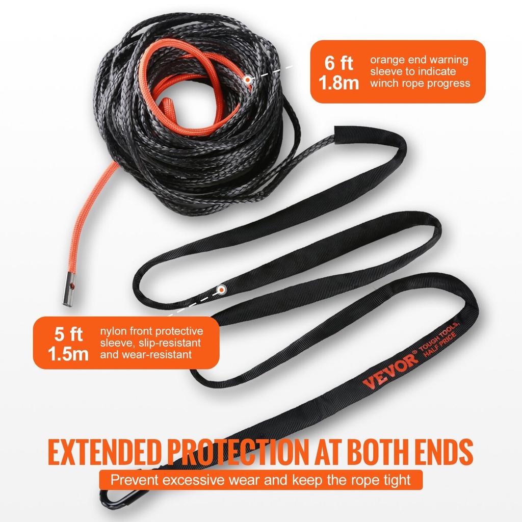 Synthetic Winch Rope, 1/4 Inch x 50 Feet 10,000 lbs Synthetic Winch Line Cable Rope with Protective Sleeve + Stopper + Forged Winch Hook + Pull Strap,