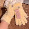 Fuzzy Bow Decorated Knitted Full Finger Gloves Polyester Warm Plush Gloves  Cycling Use