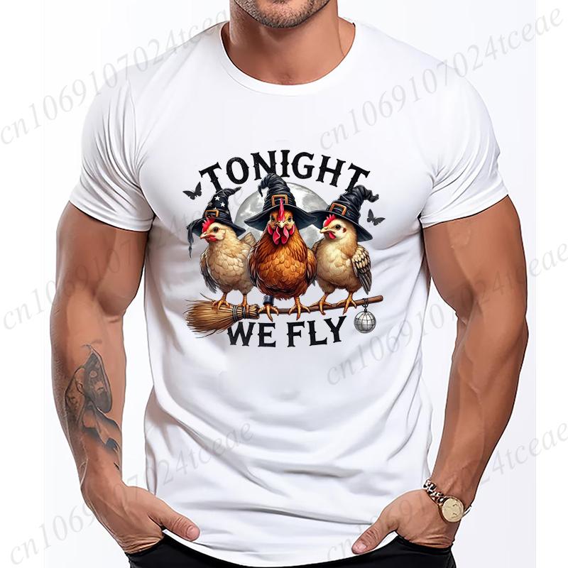 Halloween Tonight We Fly TShirt for Women Men Chicken Witches Hat Funny Casual TShirt Spooky Witch Men TShirts Clothing Tops