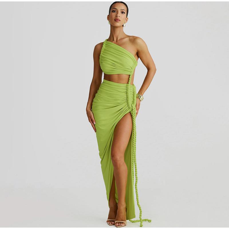 Модное асимметричное платье с открытой спиной и высоким разрезом, длинное женское сексуальное платье с косыми плечами из пеньковой веревки, ажурное летнее платье для отдыха