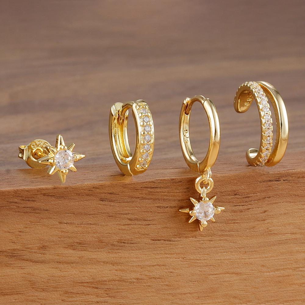 4pcs Fashion Stainless Steel Cubic Zirconia Star Dangle Earring Set For Women Cartilage Piercing Earring Ear Clip Korean Jewelry