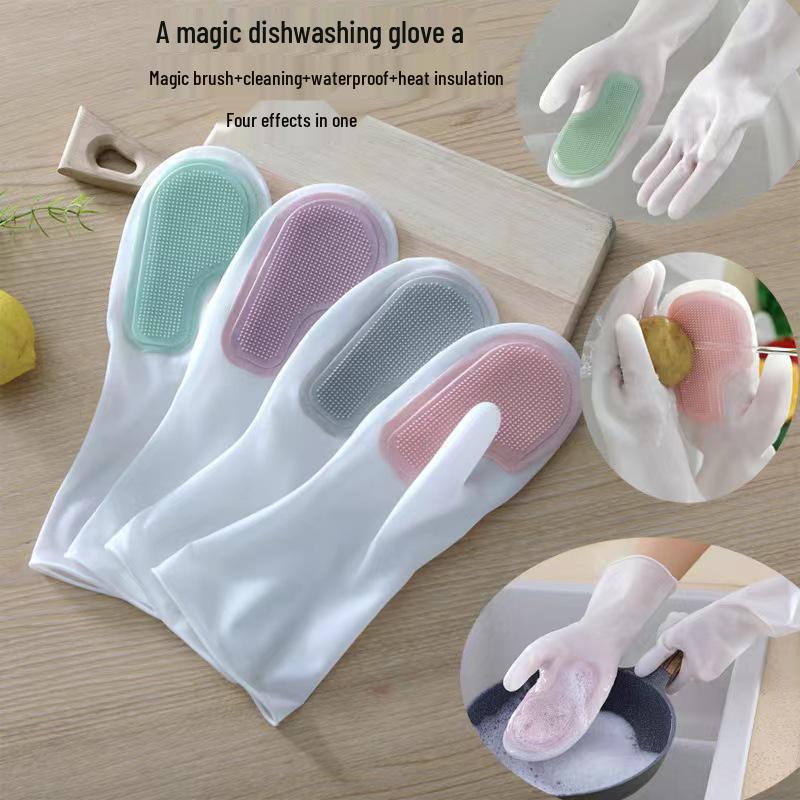 Magic Silicone Dishwashing Gloves with Soft Bristle Brush - Durable, Waterproof Kitchen Cleaning Gloves.