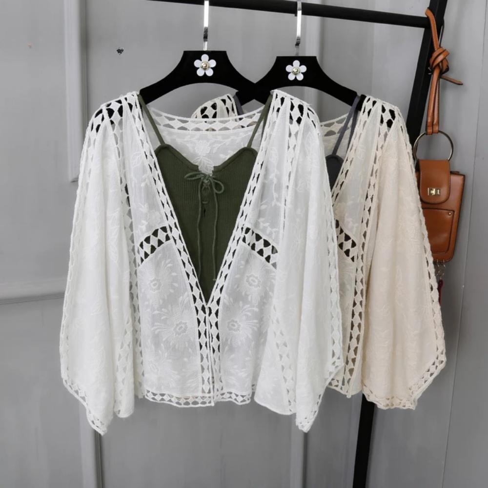 Loose Fit Cotton Embroidery Lace Cardigan Short Bat Sleeve Shawl 7 Split Sleeve Air Conditioner Sunscreen Cover Female Spring and Summer Clothes