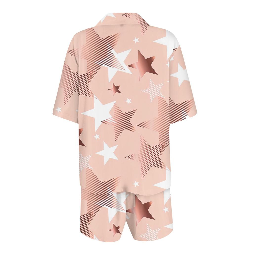 Women's Silk Pajamas Button Home Clothes Star Print Short Sleeve Satin Pajama Set 2 Piece Set