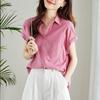 Розовая и фиолетовая рубашка для женщин с коротким рукавом, летняя новинка в корейском стиле, модный топ, визуально молодящий, из чистого хлопка, повседневная шикарная рубашка