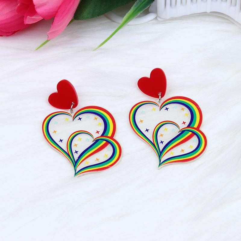 New Acrylic Printed Patchwork Earrings, Earrings, Fashionable and Personalized Love, Double Heart Rainbow Earrings, Ear Accessories for Women