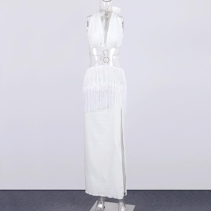 Платье с кисточками и открытой спиной, разрезом и бретелькой через шею, женское сексуальное белое длинное платье с открытыми плечами, женская мода, пляжные платья