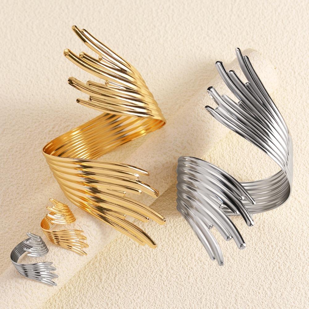 Exaggerated Personality Stainless Steel Feather Wings Open Bangles Rings Set for Women Fashion Designer Banquet Jewelry Gifts