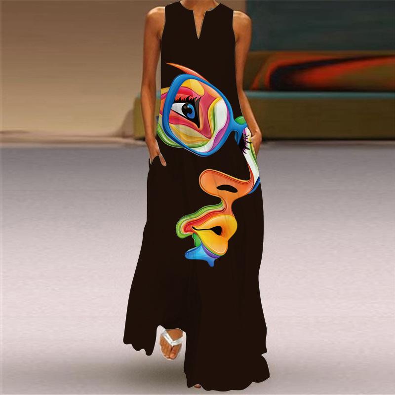 2024 Новое летнее женское европейско-американское принтованное макси-платье без рукавов с V-образным вырезом