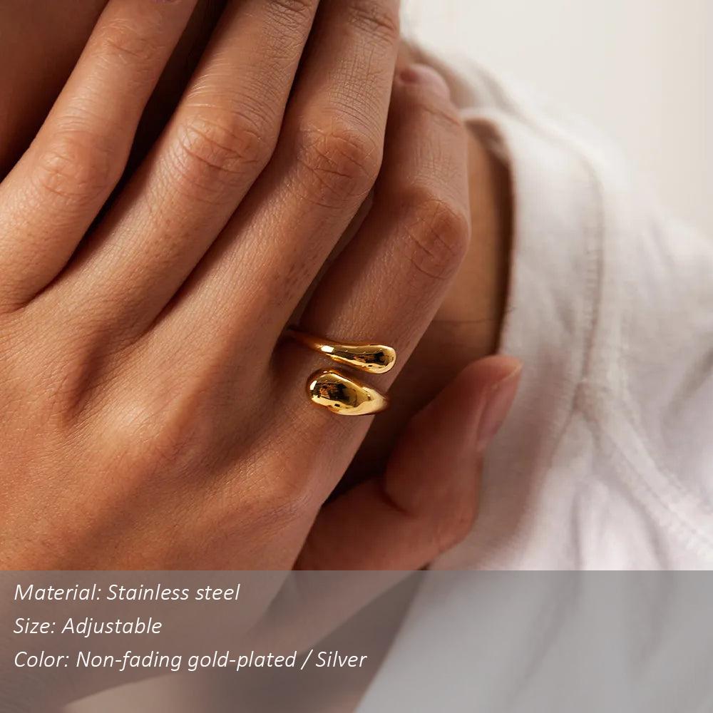 SUNIBI Double Opening Ring for Woman Golden Glossy Feather Design Ring 316 Stainless Steel Women's Fashion Jewelry