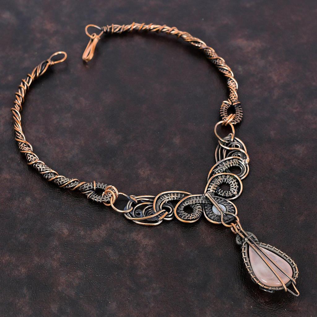 Ожерелье из розового кварца, обернутое медной проволокой, драгоценные камни, радужное ожерелье из лунного камня, ожерелье ручной работы из меди, обернутое проволокой, для подарка