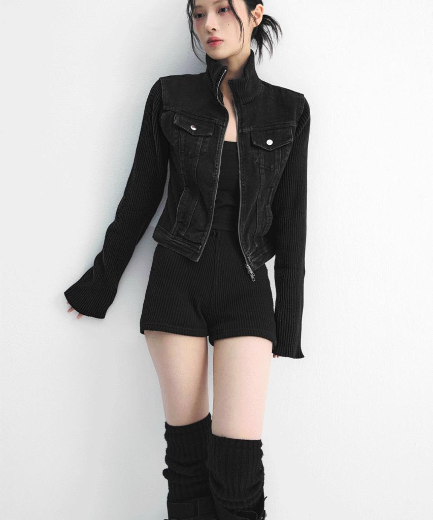 SIAOSIKO Black Denim Jacket Deep Black Knit