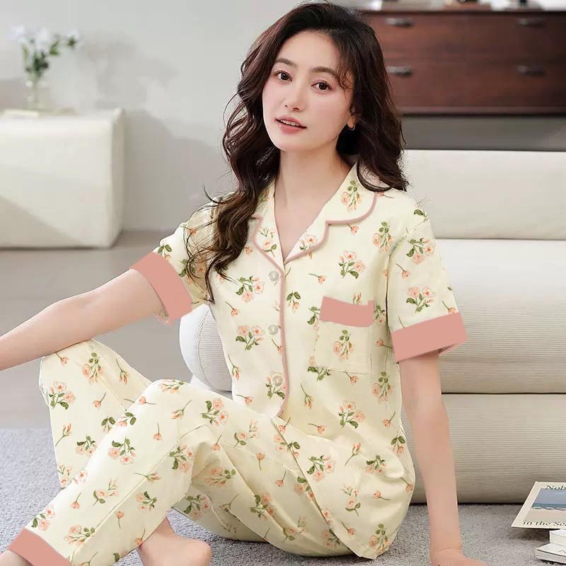 Womens Rose Print Pajama Set Short Sleeve Long Pants Plus Size Soft Cotton Blend Casual Loungewear Middle-aged Moms All