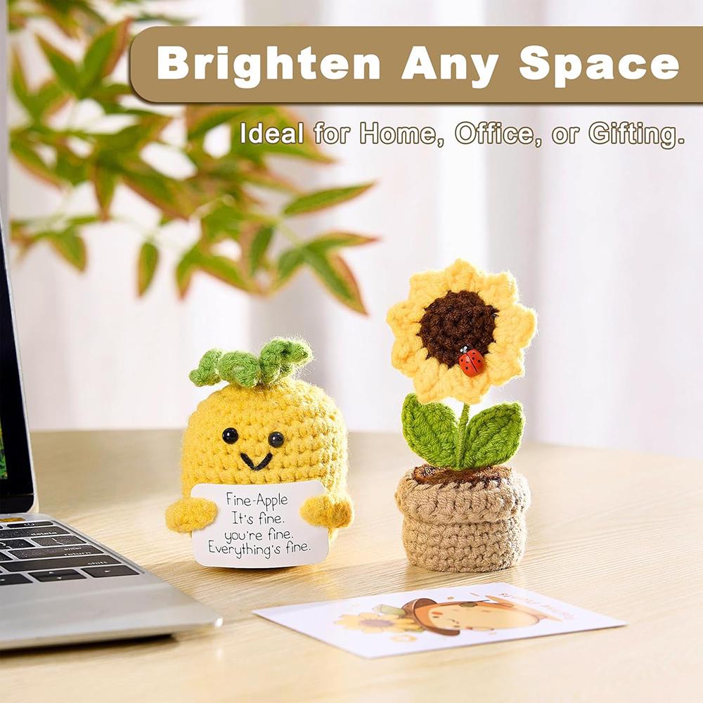 2PCS Positive Emotional Support Pineapple Sunflower Pot Home Room Decoration Crochet Pineapple Dolls With Card Christmas Gift