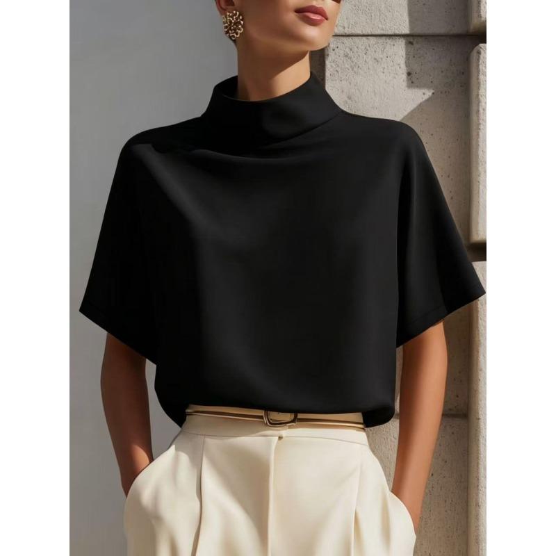 Women S Loose Fit Short Sleeve Stand Collar Solid Color Pullover Shirt